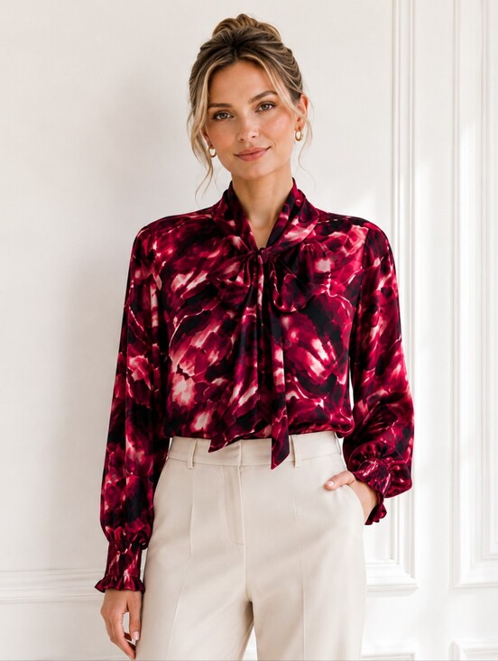 Eva Longoria Tops - Eva Longoria Floral Tie Neck Blouse | XL | Burgundy Pink Long Sleeve Career Top
